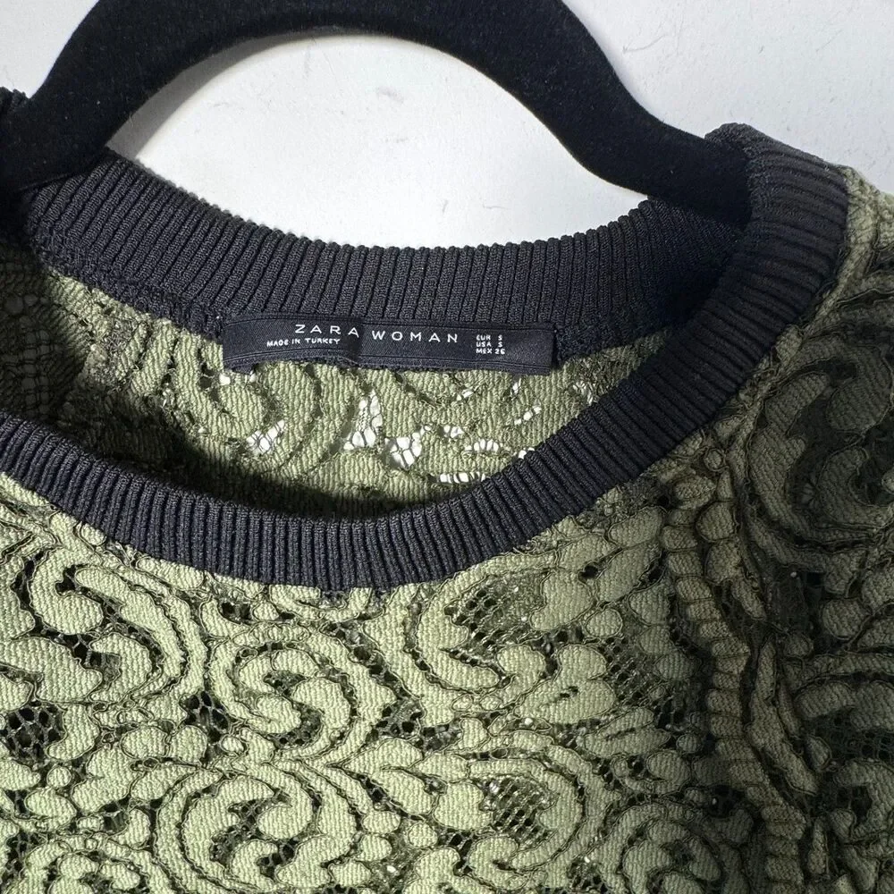 Zara Lace Tunic Top Green Sheer Long Sleeve Small Boho Chic Blouse_2